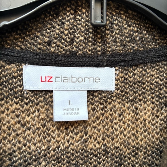 Liz Claiborne Plaid Open Front Cardigan Brown Belted Pockets Cozy Fall Large - Picture 7 of 8